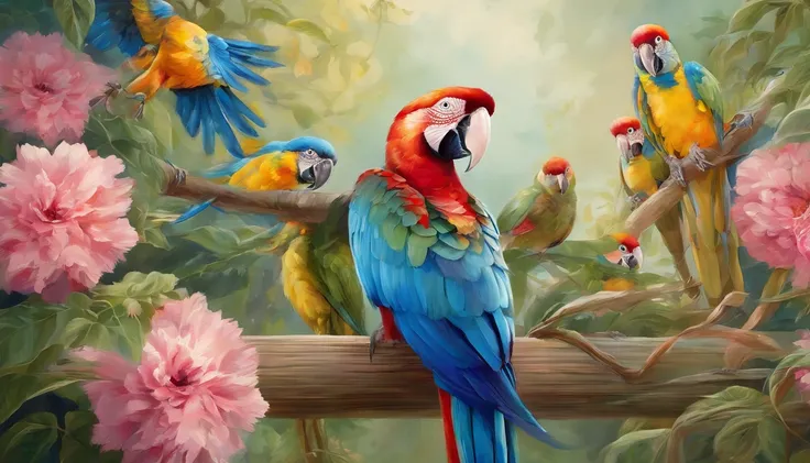 there are two birds sitting on a fence surrounded by flowers, colorful hd picure, colorful birds, birds and butterflies, blue and yellow fauna, magical colorful flowers, realistic flowers oil painting, crystallic sunflowers, nature painting, butterflies an...