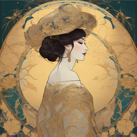 Painting of a woman wearing a hat and a golden dress, Tsutomu Nihei Gustav Klimt, oriental art nouveau, Mucha Klimt et Tom Bagshaw, inspired by Tosa Mitsunobu, Gustav Klimt Yoh Yoshinari, inspired by James C. Christensen, Inspired by James Christensen