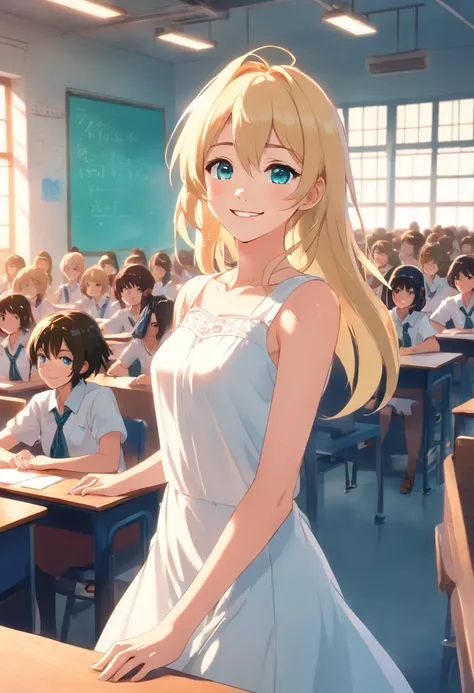 blonde woman, whitedress, at the school, Cyan eyes, one girls, Smiling