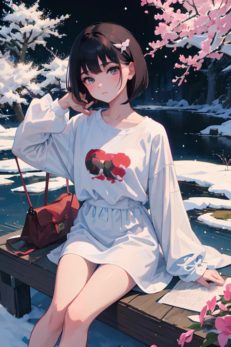 wariza，Curtsey，child，（​masterpiece，Highest Quality），(shortsleeves，T-Shirt Dresses)，Sleepy face，Round eyes，A dark-haired，Semi-long bob，bare-legged，snow field，cherry trees