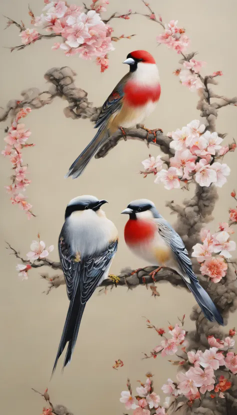 painting of two birds sitting on a branch of a tree, birds on cherry tree, beautiful nature, birds in the sunlight, by Li Keran, really beautiful nature, nature painting, birds and butterflies, beautiful art, very detailed birds, colorful birds, very beaut...