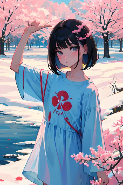 wariza，Curtsey，child，（​masterpiece，Highest Quality），(shortsleeves，T-Shirt Dresses)，Sleepy face，Round eyes，A dark-haired，Semi-long bob，bare-legged，snow field，cherry trees