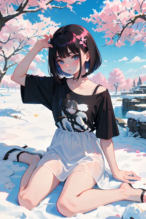 wariza，Curtsey，child，（​masterpiece，Highest Quality），(shortsleeves，T-Shirt Dresses)，Sleepy face，Round eyes，A dark-haired，Semi-long bob，bare-legged，snow field，cherry trees