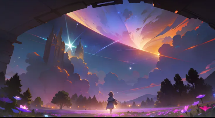 Expansive landscape photograph, (view from below with a view of the sky and wilderness below), little girl standing in a flower field looking up, (full moon: 1.2), (shooting star: 0.9), (nebula: 1.3), distant mountain, tree break production art, (warm ligh...