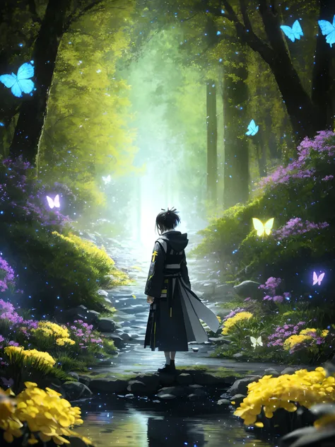 takehiko inoue, kawacy, bokeh, unreal engine 5, A hooded woman, butterfly, at the galactic forest, fireflies, flowers, petals, water, flames, particles, ultra high details, high definition, intricate, high quality, 8k,