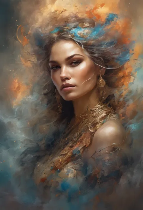 modelshoot style, (extremely detailed CG unity 8k wallpaper), Chaotic storm of intricate liquid smoke in the head, stylized beauty full - length abstract portrait, wet-skin, by petros afshar, ross tran, tom whalen, peter mohrbacher, artgerm, shattered glas...