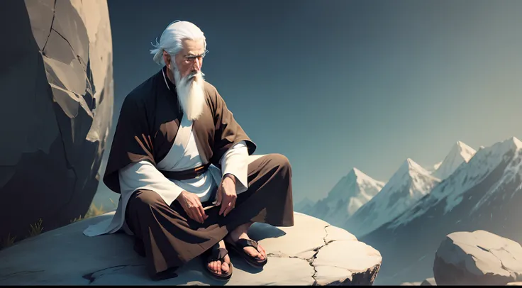 An old Zen saint with white hair and a white beard sits on a rock