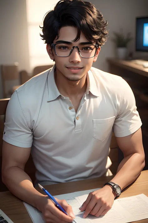 (highres,realistic) 21-year-old Indian Boy with Realistic Features, Cute Smile, Wearing Computer Glasses, Engaged in Coding

In this prompt, we aim to depict a realistic image of a 21-year-old Indian boy. His face should display intricate details and reali...