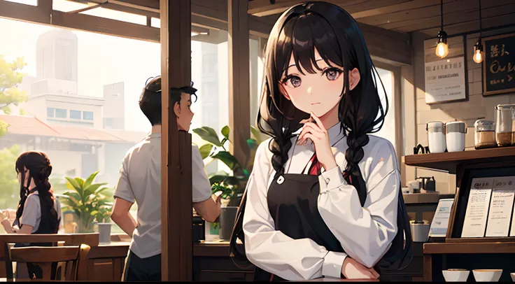 One lady(A dark-haired、Braided hair、Clerks at a coffee shop、White shirt、Wearing a black apron、Tense face）、Clasping hands、Facing the front、The background is inside a coffee shop