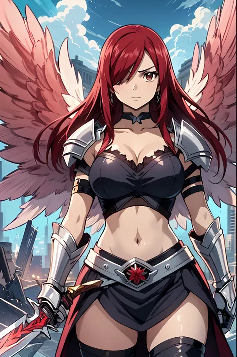 1girl, solo, erza scarlet, fairy tail, red hair, brown eyes, breasts, weapon, sword, holding, long hair, armor, , hair over one ...