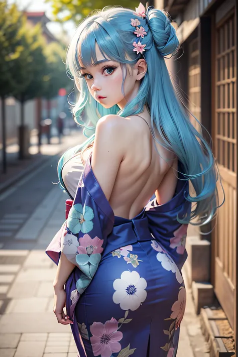 Anime High School Girl, Wear a sexy kimono, Short kimono, Bare arms, Bare back, Bare shoulder, Walking, Long hair, Light blue hair, look at viewr, Blue eyes