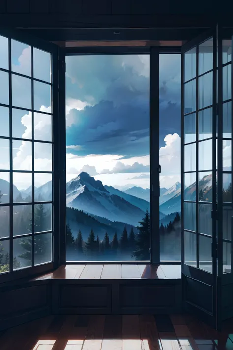 beautiful dark room with a large window, outside the window is a dark forest with mountains and a dark cloudy sky, 8k, high resolution