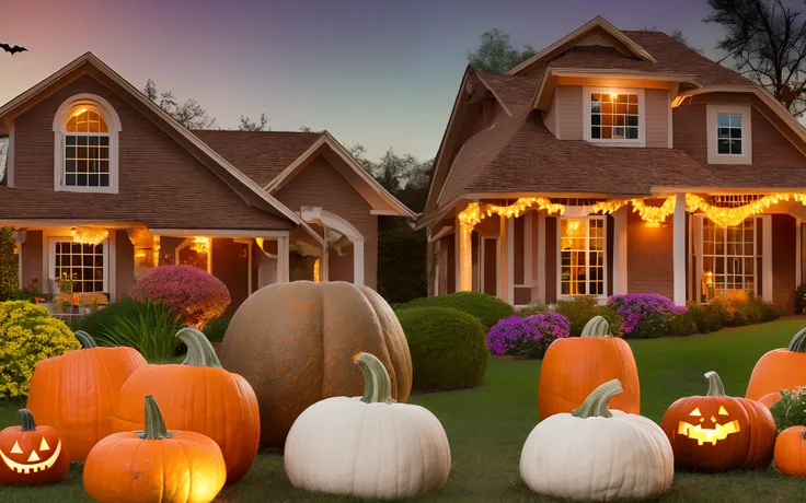 Halloween pumpkins and decorations outside a house. Night view of a house with halloween decoration, digital ai --auto --s2