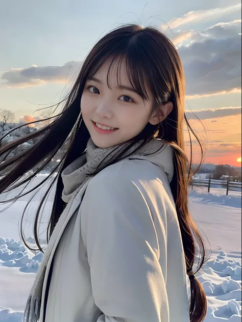 (Close up portrait of slender girl with twin-tailed hair in winter uniform with white winter coat and gray scarf :1.5)、(The girl looks back with a happiness face:1.5)、(Girls hair fluttering in the wind:1.5)、(Big sunset red sky covered with beautiful snow:1...