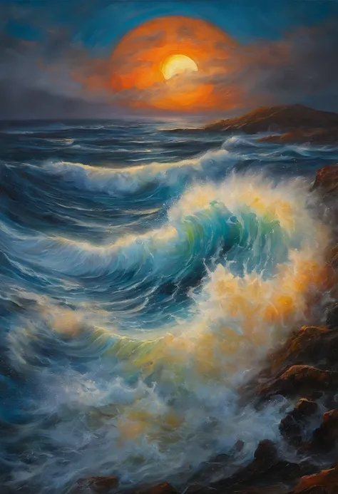 ultra-realistic three-dimensional acrylic painting on black canvas, a massive tidal wave engulfs a cruise boat in ocean fury, in imminent destruction, scene is beautiful and horrifying under the orange moon,  3D/2D mash-up, quad exposure,  vibrant oceanic ...