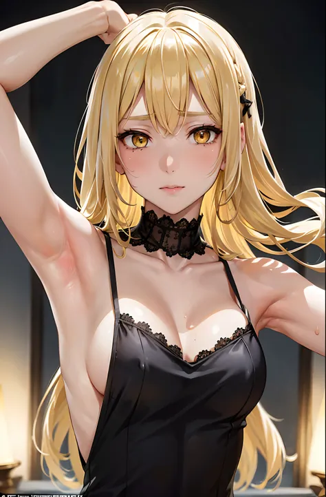 (Behind Wallenstein,Yellow hair,Long hair,Yellow eyes ),Detailed Focus:1.3, masutepiece, Best Quality, 1womanl,Shot from the side of a woman,Slender face,slender physique, Looking at Viewer, Cute, medium breasts, Beautiful detailed eyes, detailed armpit,de...