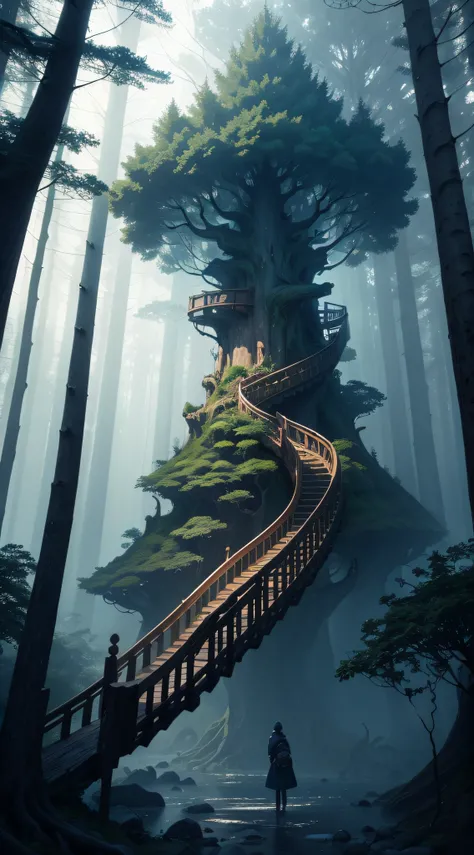 A large tree stood in the deep forest, 、The tree has a spiral-shaped ladder extending upwards.、A secret room made of wood is、It is made to hang on a large branch at the end.。There was a light fog in the slightly dimly lit forest..、It has a bewitching atmos...