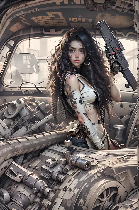 Different mood indian woman with very long curly hair, showing clevage, clutched in white towel,holding gun and back side lots of random guns wide angle in a random vintage car background, perfect anatomy, illustrative, painterly, detailed, UHD drawing, pe...