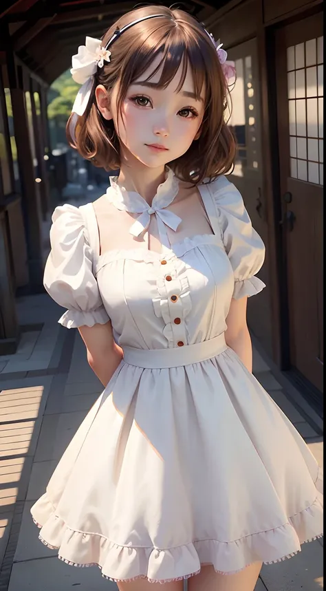 Japan woman in white dress posing for photo, Women have very beautiful eyes, Brown bob hair, Twin-tailed、Digital Art of Digital Painting, lolita dress, dress with many ruffles, Art that is not Gwaites style, Lolita,10yaers old、Wearing elegant dresses, shy ...