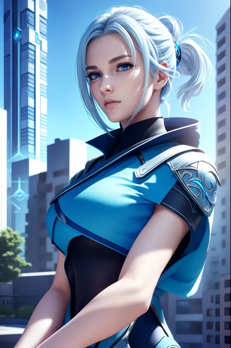 jett valorant, focused upper body, 1 girl, wearing blue ninja outfit, sparkling blue eyes, silver hair, highrise building backgr...