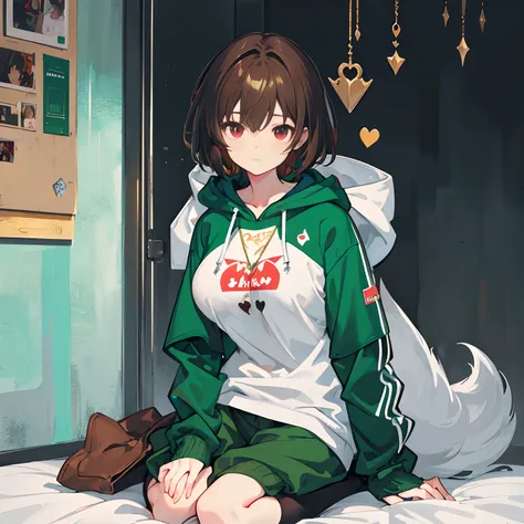 undertale，chara，solo person，Lone wolf，shadowy，guffaw，red - eyed，Sick，morden，Cold-blooded killer，Green hood，Green sweater，brown shorts，daggers，stocklings，Full body standing painting，with short brown hair，Be red in the face，Hand repair，the detail，k hd，Gold l...