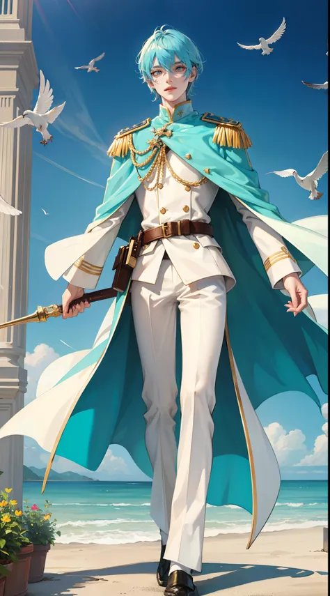 Tall guy, Stunted pigeons, Cyan eyes, ssmile, Beautiful white soldiers uniform, Gold Elements, Two magic pistols, hiquality, 4k, HD, Good detail