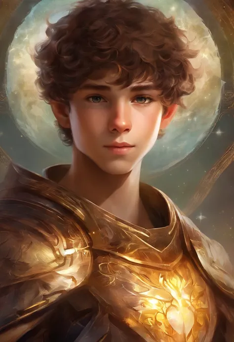 13 year old boy with short curly brown hair brown eyes and high tech armor