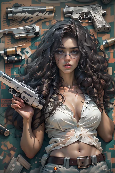 Different mood indian woman with very long curly hair, showing clevage, clutched in white towel,holding gun and back side lots of random guns wide angle in a random vintage car background, perfect anatomy, illustrative, painterly, detailed, UHD drawing, pe...