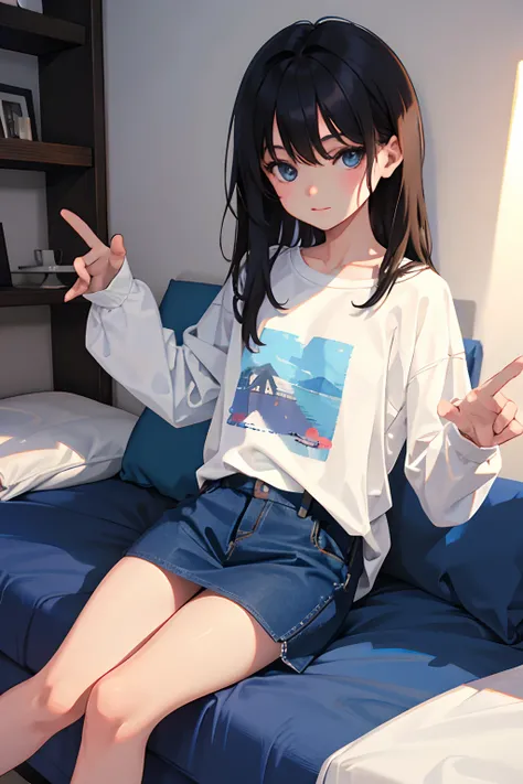 child，（​masterpiece，Highest Quality），Long T-shirt，A dark-haired