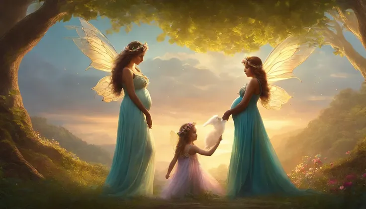 PREGNANT MOTHER AND TWO GIRLS DRESSED AS FAIRIES, noite, flor, Natureza, luar, 8k, resolution concept art portrait by Greg Rutkowski, Artgerm, WLOP, Alphonse Mucha dynamic lighting hyperdetailed intricately detailed Splash art trending on Artstation triadi...