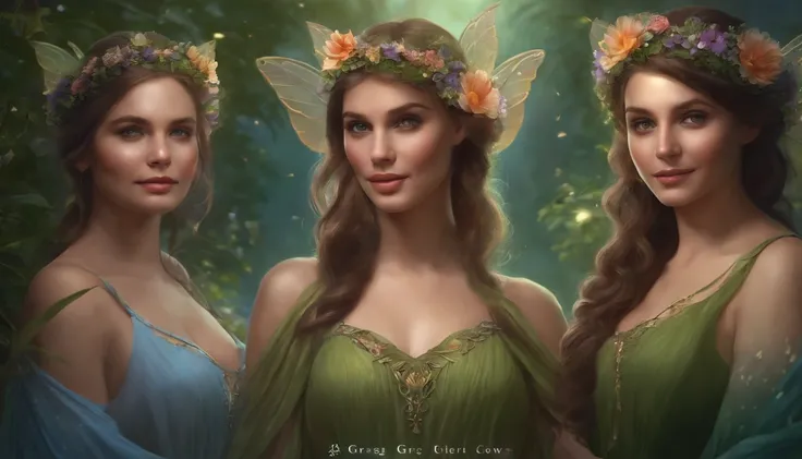 PREGNANT MOTHER AND TWO GIRLS DRESSED AS FAIRIES, noite, flor, Natureza, luar, 8k, resolution concept art portrait by Greg Rutkowski, Artgerm, WLOP, Alphonse Mucha dynamic lighting hyperdetailed intricately detailed Splash art trending on Artstation triadi...