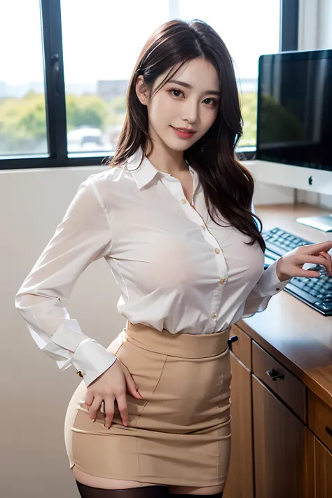 ((top-quality、​masterpiece、photographrealistic:1.4、in 8K))、Beautuful Women１a person、２5years old、beautiful hairl、delicate and beautiful face、Eyes and faces with detailed 、(Colossal tits:1.3)、(Modern workplace with computer:1.2)、(Shirt:1.2)、(Standing:1.2)、A ...