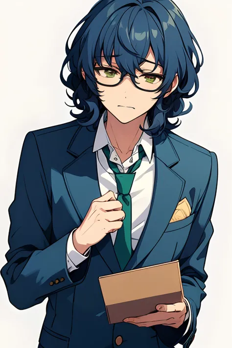 tsumugi aoba, solo, glasses, necktie, male_focus, 1boy, blue jacket, school_uniform, green neckwear, blazer, gold eyes, shirt, worried, :/, dark blue hair, bangs, long sleeves, wavy_hair, cowboy shot, simple, short hair, V,