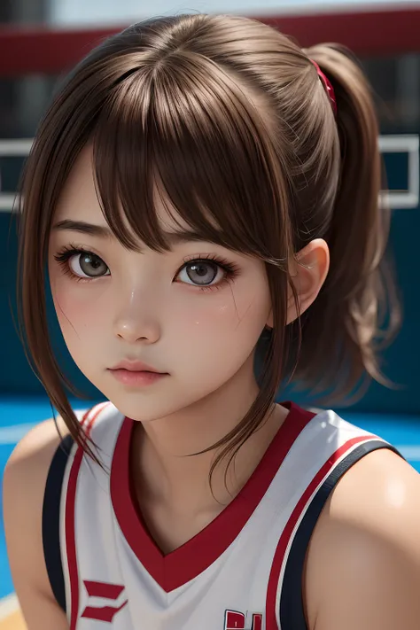 (Details of a very cute face), (Best Quality:1.4), 8K resolution, High resolution, 1girl in, Japanese, Cute little girl, Cute girls of the finest, Super cute detailed face, Hair to the shoulders、ligh brown hair、 Basketball Uniform, Basketball court, Realis...