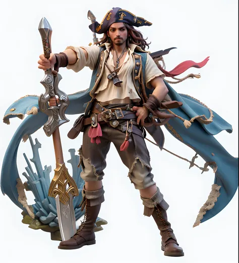 masterpiece,best quality,HDR,high-definition,Intricate Details,vray render,octane render,1boy, sea captain, pirate, holding large axe, jack sparrow