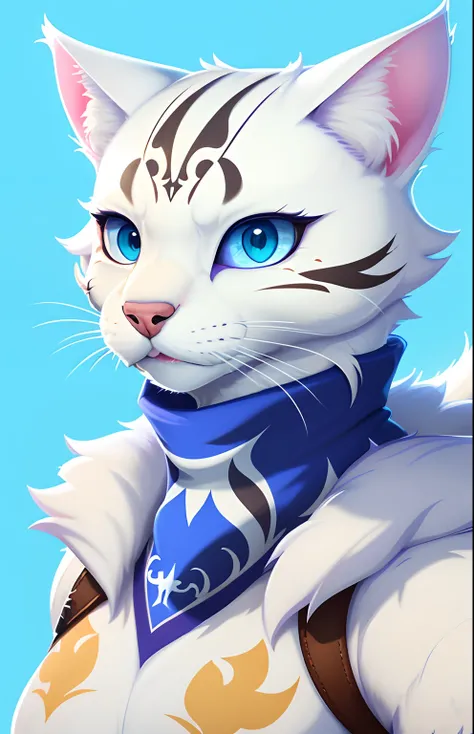 There is a white cat with a blue bandana around its neck, saints row fursuit tails mod, disney stylized furry, Detailed fur in dramatic movies, ashfur from warrior cats, furry breasts, blue fur with white spots,, Macro fur, furry character, volumetric fur,...