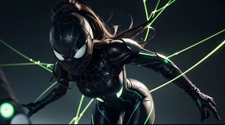 Spider-Girl in a futuristic suit that glows and lights up, on a black background. She wears a tight-fitting black and white suit that has spider web patterns and a spider emblem on her chest that emits a green light. Her mask, gloves, and shoes are also gr...