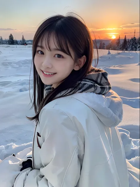 (close up portrait of slender girl with twin-tailed hair with dull bangs in winter uniform with white winter coat and gray scarf...