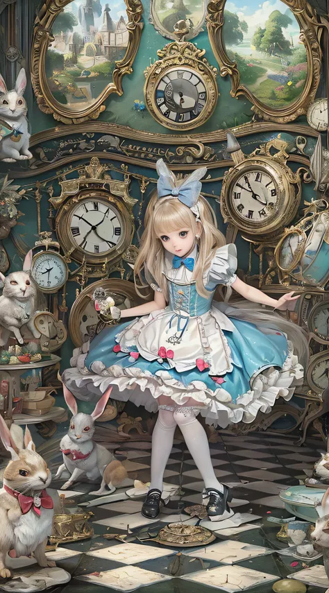 (((Masterpiece))), (((top image quality))), ((Very photorealistic photos)), (((Alice in Wonderland in Gothic Lolita fashion))), (((diorama worldview))), Pocket watches, checkered floors, rabbits in tuxedos, kings and princesses in tramp bodies, poisonous m...