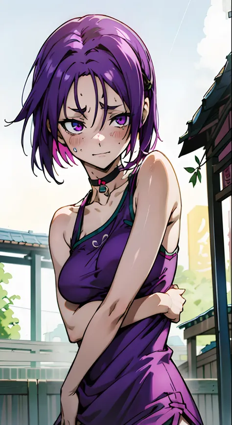 masutepiece, Best Quality, Ultra-detailed, Colorful,Up-close, Hyper-detailing，purple color  hair, Reo Mikage, Blue Lock, no sleeves, Camisole and cheongsam, chinese clothes, Chest exposure, Underwear, Ruffled underwear, Metamorphosis is exposed, Choker, Bl...