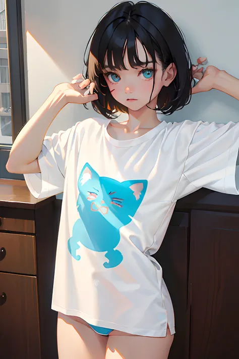 （​masterpiece，Highest Quality），(child)，((Long white T-shirt with cat print，A thin one-piece))，(A dark-haired，Medium bob)，Turquoise eyes，embarrassed from，sleepy expression，Delicate body