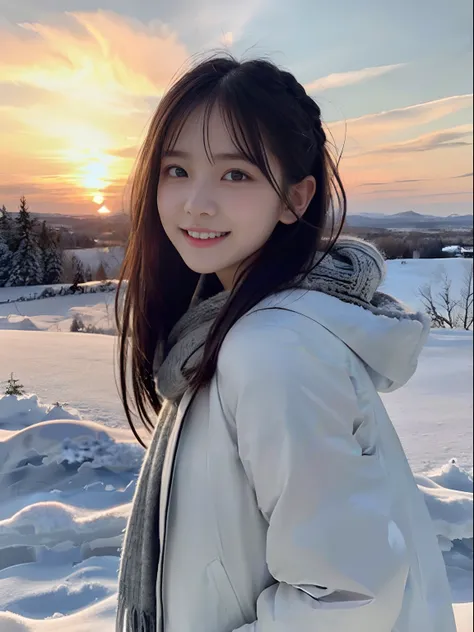 (Close up portrait of slender girl with twin-tailed hair in winter uniform with white winter coat and gray scarf :1.5)、(The girl looks back with a happy face:1.5)、(Girls hair fluttering in the wind:1.5)、(Big sunset red sky covered with beautiful snow:1.5)、...