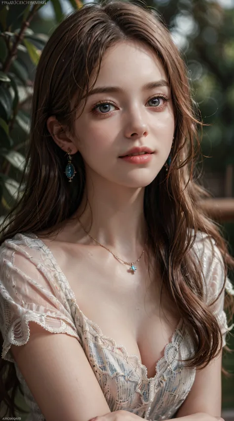 (best quality,4k,8k,highres,masterpiece:1.2),ultra-detailed,(realistic,photorealistic,photo-realistic:1.37),portrait,studio lighting,vivid colors,bokeh,wavy long hair,beautiful detailed eyes,beautiful detailed lips,earrings,necklaces,sweater,short sleeve,l...