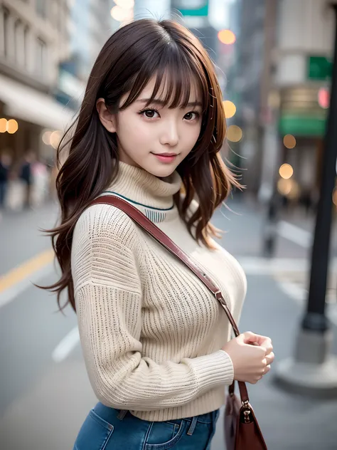 product quality, 1 girl, cowboy shot, front view, a Japanese young pretty girl, long bob hair, walking on a crowded sidewalk with a big smile, wearing a black turtleneck sweater, hem of the sweater, wearing jeans, carrying a shoulder bag over her shoulder,...