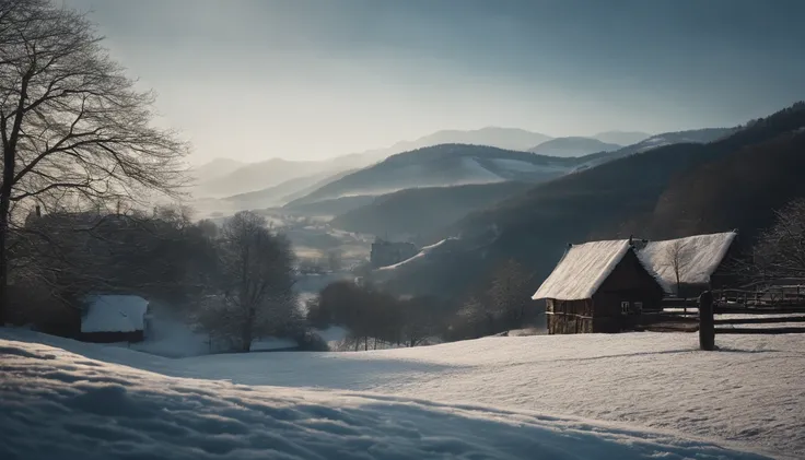 1 day in winter,A small village in the mountains,Spring is approaching,wanting、You can see a medieval castle in the distance