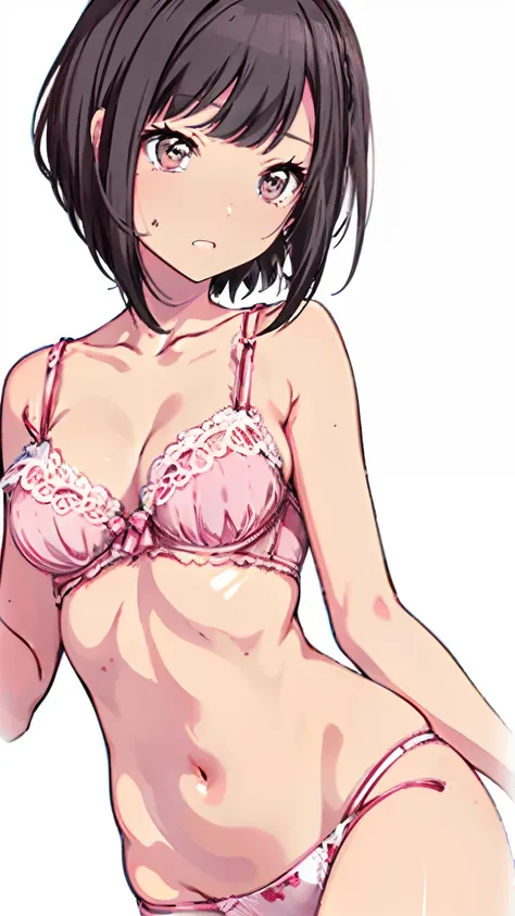 (Light pink bra　Light pink string panties　Unhook the bra　Gravure Pose　Very detailed down to the smallest detail　clear outlines　Beautiful face　Beautiful skin)  thin-waist　A slender　ribbed　skinny limbs　teats　cleavage of the breast　Beautiful breasts　a short b...