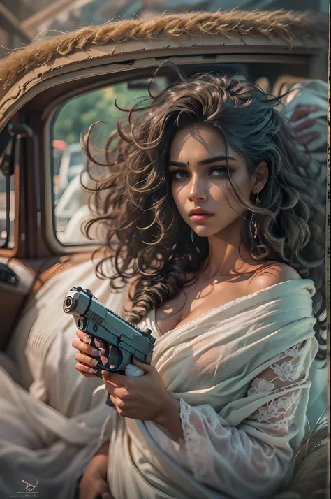 Different mood indian woman with very long curly hair, showing clevage, clutched in white towel,holding gun and back side lots of random guns wide angle in a random vintage car background, perfect anatomy, illustrative, painterly, detailed, UHD drawing, pe...