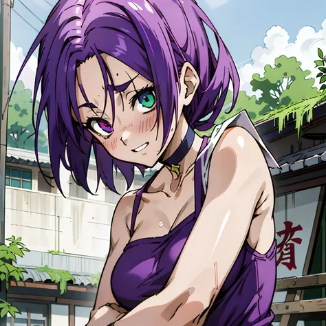 masutepiece, Best Quality, Ultra-detailed, Colorful,Up-close, Hyper-detailing，purple color  hair, Reo Mikage, Blue Lock, no sleeves, Camisole and cheongsam, chinese clothes, Chest exposure, Underwear, Ruffled underwear, Metamorphosis is exposed, Choker, Bl...