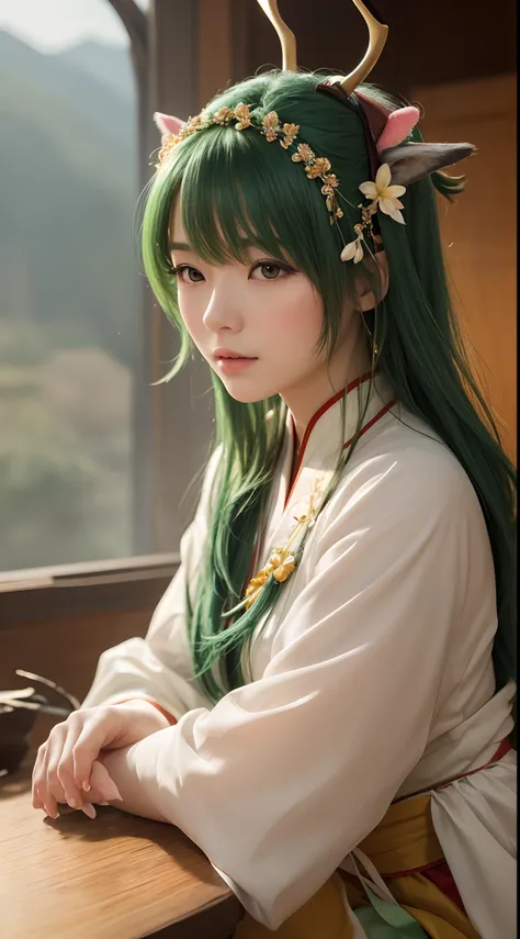 The prompts generated based on the given topic are as follows:

"(Best quality, 4K, 8K, A high resolution, Masterpiece:1.2), Ultra-detailed, (Realistic, Photorealistic, photo-realistic:1.37), Bokeh, Green-haired beauty, Vertical yellow pupils, deer antlers...