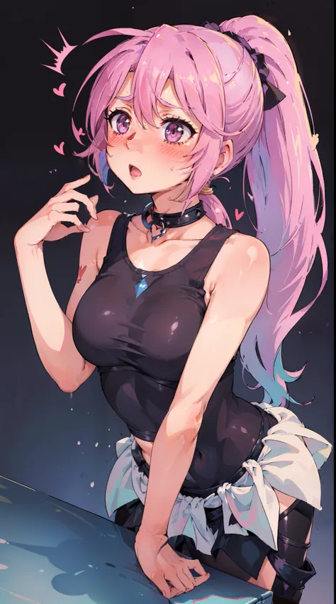 Jibril, ((upper body)), blushed, perfect anatomy, detailed eyes, detailed lips, extremely detailed eyes and face, vivid colors, sharp focus, masterpiece:1.2, ultra-detailed, blushed, ((doggystyle)), (solo), ((cropped tank top)), sleeveless, ((((ponytail)))...